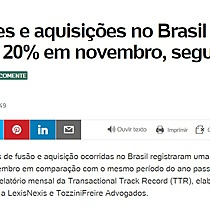 Fuses e aquisies no Brasil caem 20% em novembro, segundo TTR